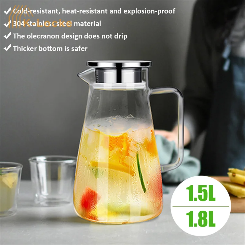 1.8L Heat Resistant Clear Glass Pitcher with Lid Large Iced Tea