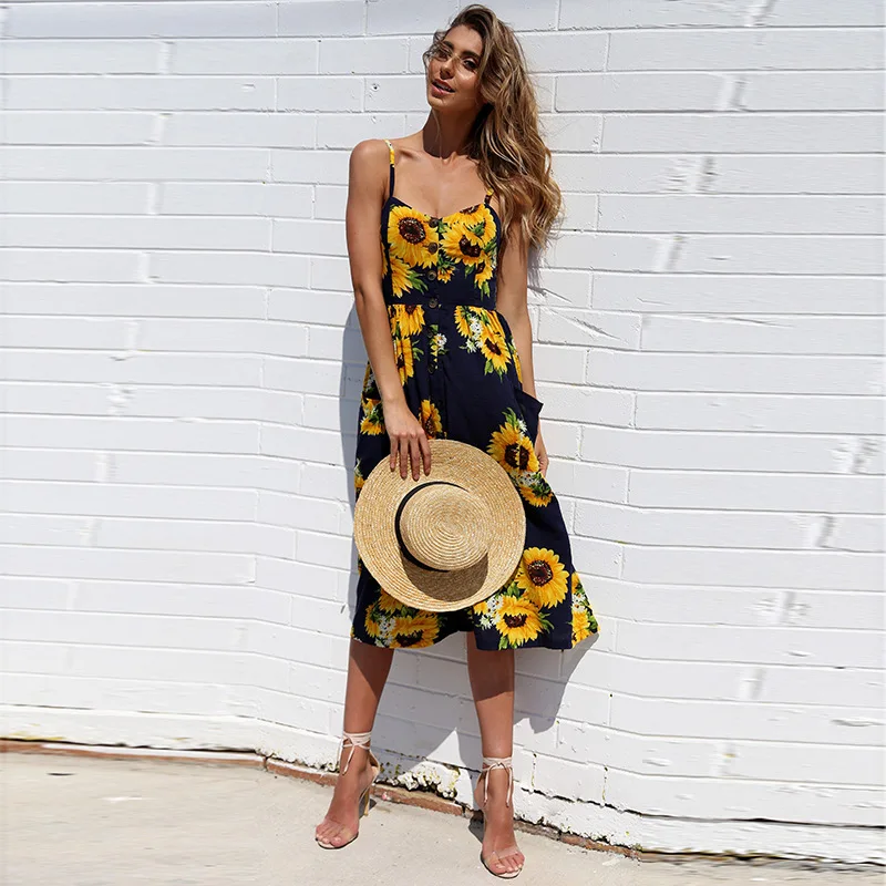 2018 New LOSSKY Women Print Floral Stripe Bohemian Dress V-Neck Sleevele Sexy Button Beach Casual Boho Midi Dress Plus Size 3XL