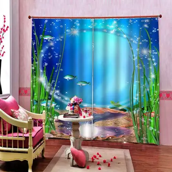 

Custom Stereo Cartoon 3D Underwater World Blue Ocean Fishes Curtain For Kids Bedroom Living Room Blackout Window Drapes Sets