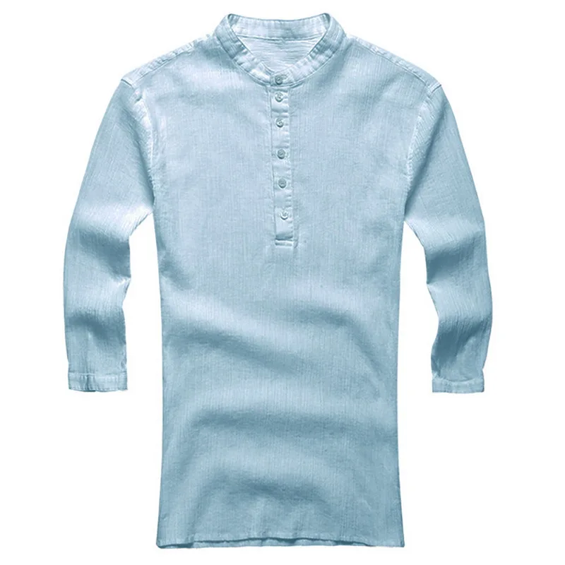 Vintage Men Cotton Linen Shirts Casual Pullover Shirts V-Neck Buttons Breathable Pullover Autumn Wear Shirt Summer Slim Tops