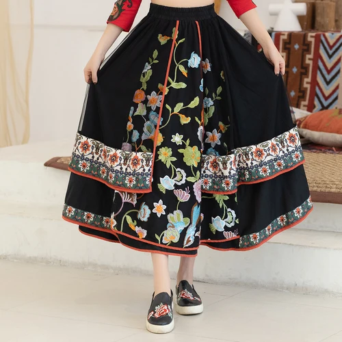 Женская длинная юбка с вышивкой черная сетчатая макси в этническом стиле высокой