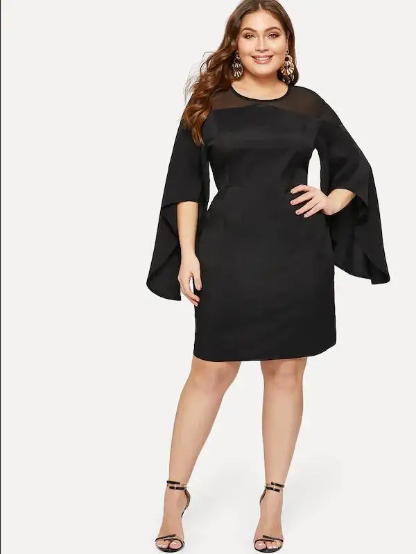 Черный New Autumn Plus Size Women Black Elegant Slim O-neck Sleeves Pencil Dress Vestidos Solid Color Seven-point Sleeve Dress - Цвет: Черный