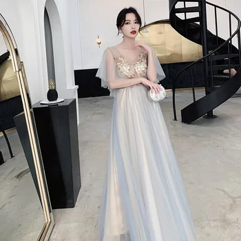 

Lady Pleated Mesh Cheongsam Formal Party Dress Novelty Ruffle Sleeve Sequins Qipao Elegant Sexy V-Neck Vestidos De Festa