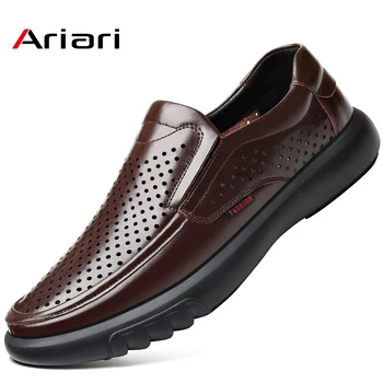 

Men's Genuine Leather Shoes Head Cowhide Soft Anti Slip Rubber Loafers Breathable Hollow Out Man Casual Real Leather Flats