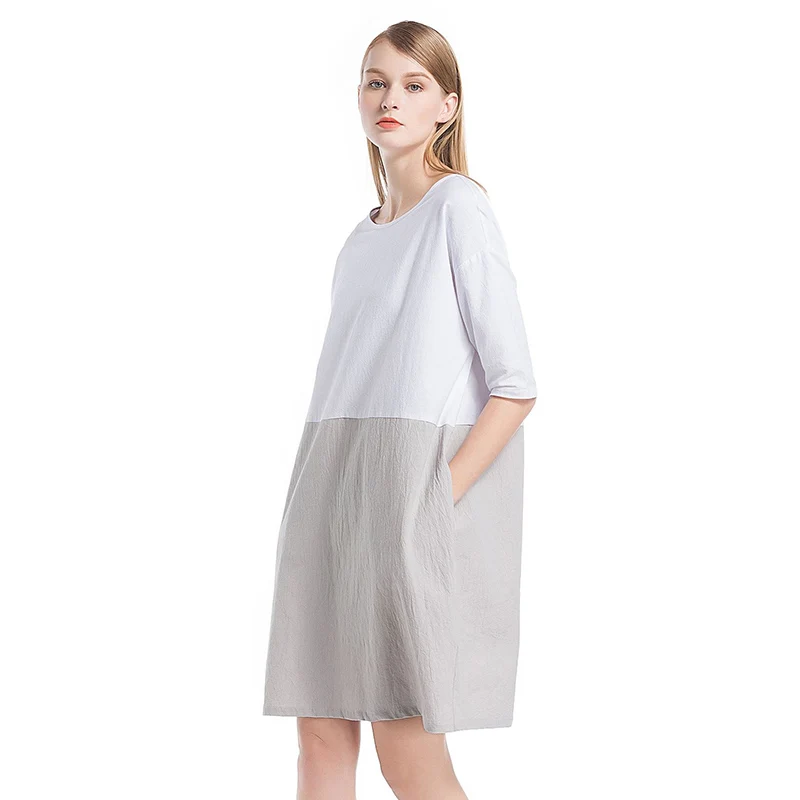 

Color Patchwork Clothes Vestidos Loose Spring Summer 2019 O-Neck Casual Plus Size Cotton Linen Women Dress Mini Dresses B257