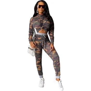 

Autumn Winter Women Two Piece Set Top and Pants Plus Size Tracksuit Sweatsuit Outfit Bandage Camouflage Print Casual Sets