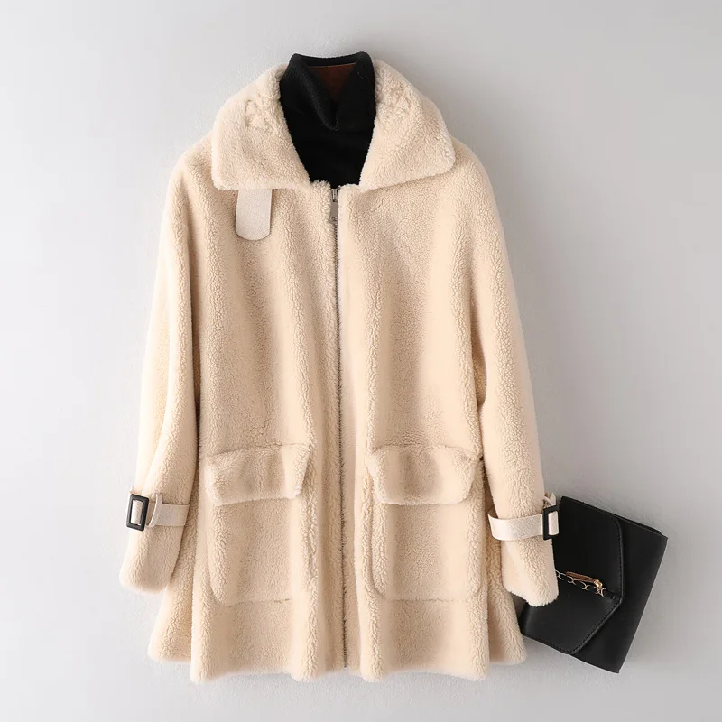 beige Плюшевое пальто из натурального меха, пальто с отложным воротником и карманами, зимнее длинное пальто, кашемировая верхняя одежда на молнии для женщин, большие размеры - Цвет: beige