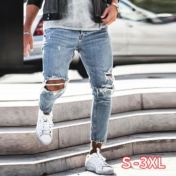 

New Skinny Jeans Men Streetwear Destroyed Ripped Jeans Homme Hip Hop Broken Hole Male Pencil Biker Embroidery Patch Pants