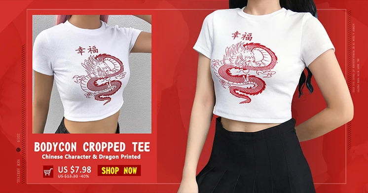 Женская уличная Футболка с принтом дракона Rockmore, китайский стиль, облегающие футболки с принтом, пэчворк, базовая футболка Harajuku, Женская футболка s