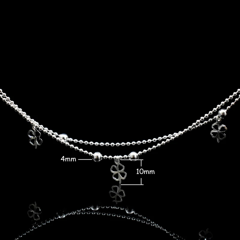 Newest Fashion 925 Sterling Silver Double Layer Small Ball Chain Anklet Lucky Clover Pendant Anklets Bracelet For Women Jewelry