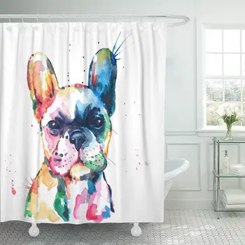 

Frenchie French Bulldog Original Watercolor of Dog Rainbow Shower Curtains with 12 Hooks, Bath Curtain Durable Waterproof Fabric