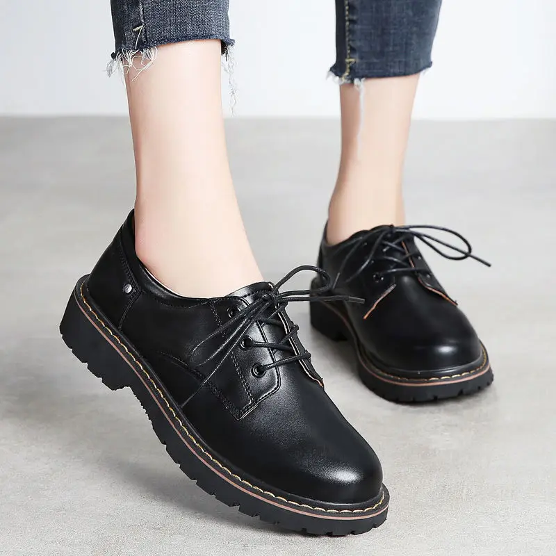 Women Oxford Shoes Leather Mary Jane Black Lolita Flats Fur Loafers Teen Girls School Big Size 43