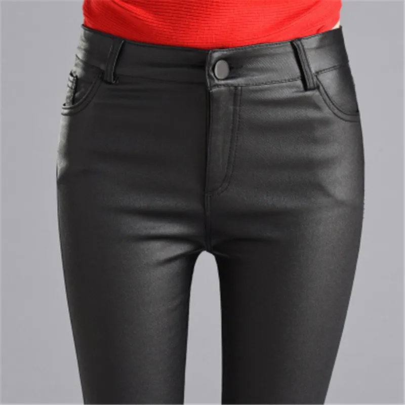 Женские брюки из искусственной кожи модные зимние однотонные флисовые брюки повседневные теплые плотные узкие брюки с высокой талией тонкие уличные брюки P9145 - Цвет: BLACK