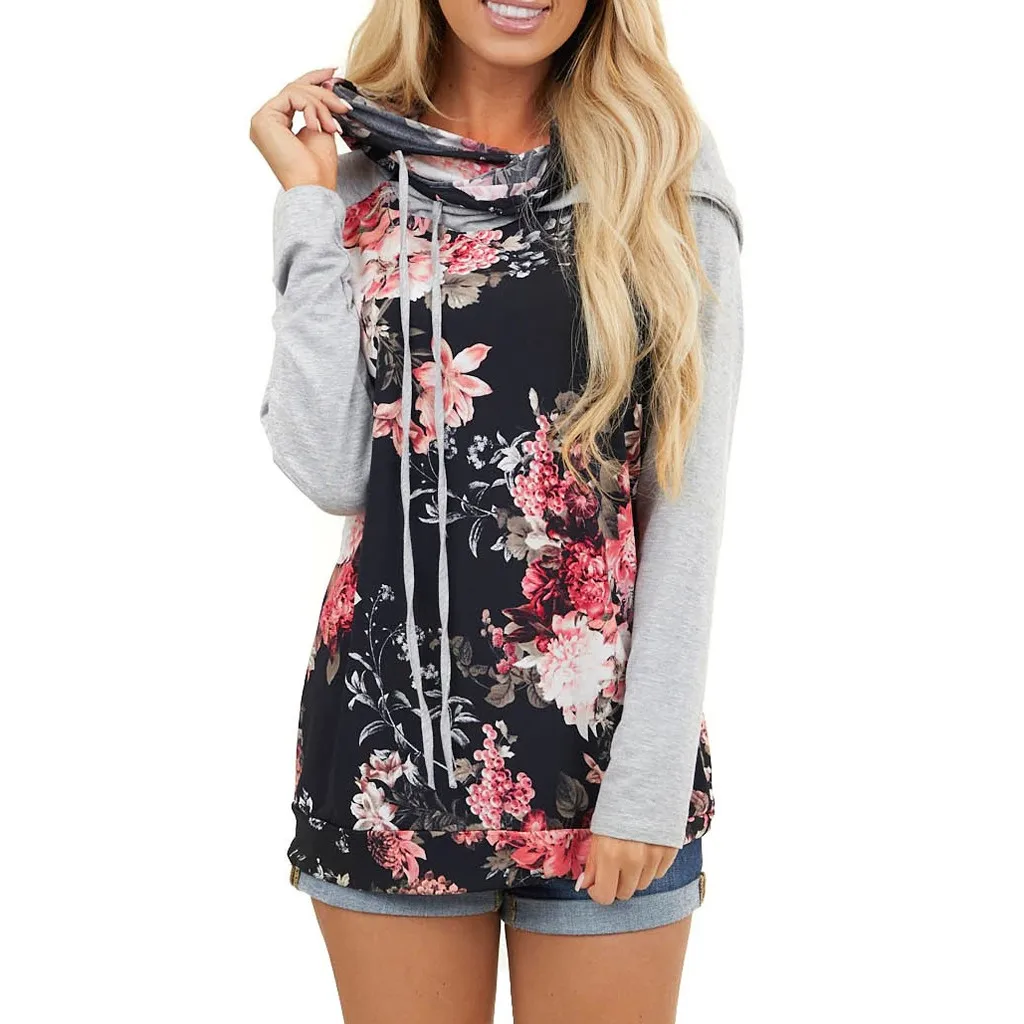 New Sweatshirt Women Fashion Floral Print Long Sleeve Drawstring Hoodie Double Cap Tops clothes sudaderas para mujer | Женская одежда