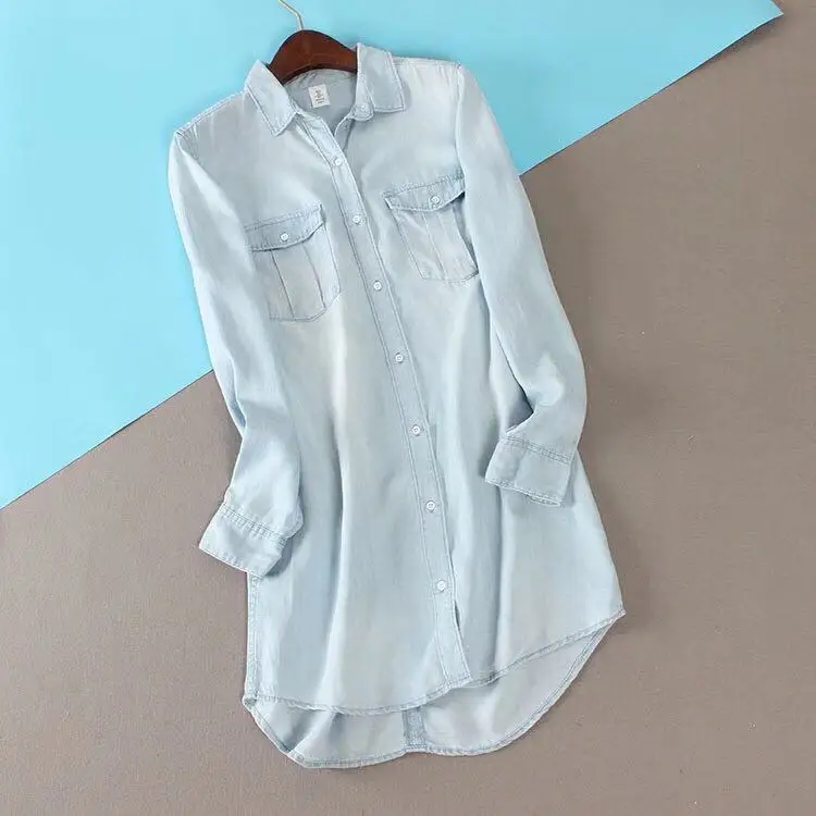 

Women's Denim Medium Length Long Sleeve Shirt Casual Slim Denim Coat
