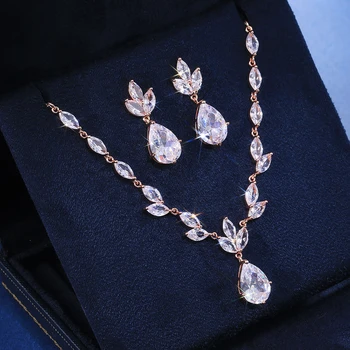 Huitan Classic Big Pear CZ Stone Necklace/Earring Wedding Set for Women Delicate High Quality Zircon Lady Party Wear Jewelry Hot