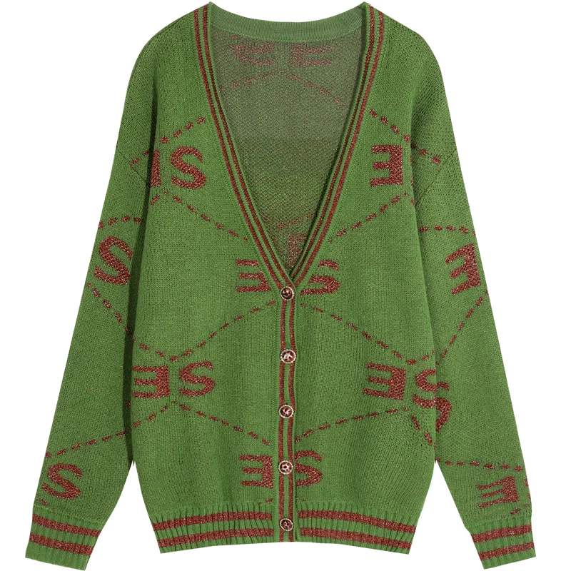 Зеленый ELFSACK, зеленый, однотонный, золотой, Шелковый, с вышивкой, Повседневный, вязаный женский кардиган,, зимний, на одной пуговице, корейский стиль, Женский Топ - Цвет: Зеленый