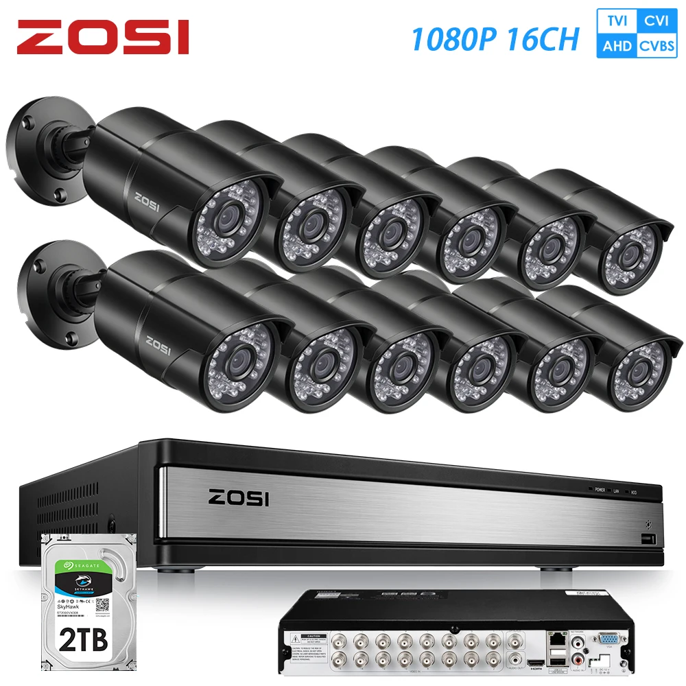ZOSI 16CH 1080P 2MP Waterproof Indoor/Outdoor Remote View Video Surveillance Security System with 12 PCS Bullet Camera DVR Kit