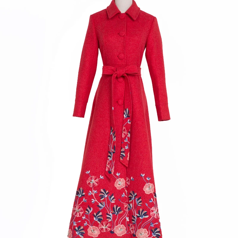 Высококачественное Женское зимнее новое шерстяное пальто, теплое длинное кашемировое пальто с вышивкой большого размера с отворотом для женщин - Цвет: Красный