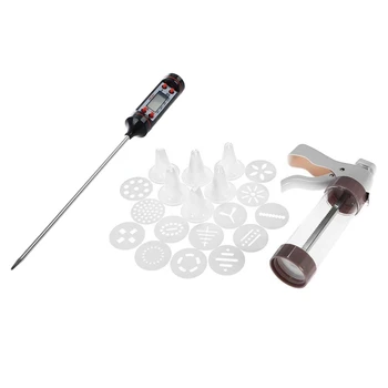 

1 Pcs Digital LCD Food Thermometer Cooking Probe & 1 Pcs Cookie Press Kit Machine Cookie Making Mold Cake Decor 13 Press Molds &