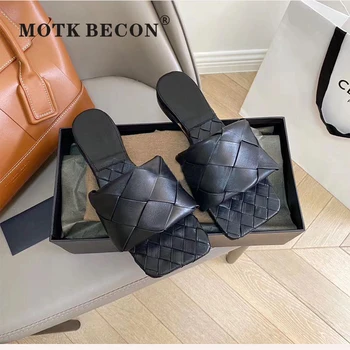 

Brand Designer Square Toe Slippers Shoes Woman Casual Flats Slippers PU Leather Woven Slides Ladies Summer Sandals T008