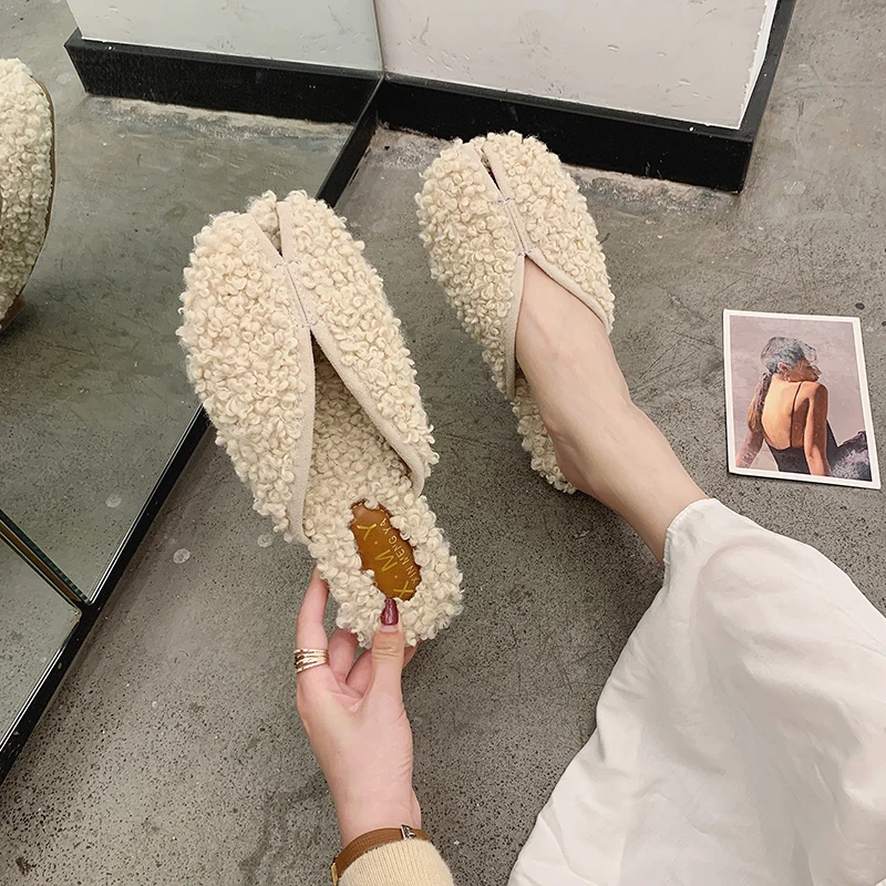 Wool roll slippers korean flats close toe winter woman fur slides brief solid casual lazy flip flops female furry loafers plush