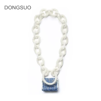 

Pearls chains Lipstick bag for women luxury brand mini messenger bag Denim shoulder crossbody bag 2020 summer new
