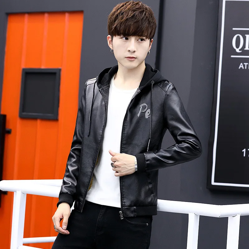 Men Hooded PU Leather Autumn New Style Korean-style Slim Fit Fashion Men'S Wear Teenager Leather Jacket Coat Fashion