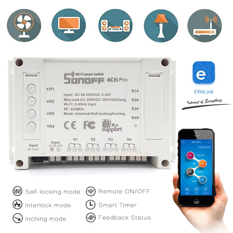 SONOFF 4CH PRO R2 433 МГц крепление беспроводного управления Sonoff 4 канала wifi умный таймер переключатель домашний свет дистанционное управление 10А/2200 Вт