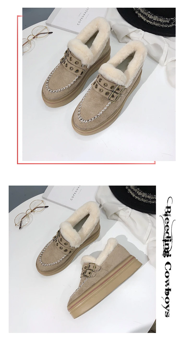 Winter new warm platform women's shoes with fur Rhinestone round head black flat shoes khaki soft brand design shoes q142