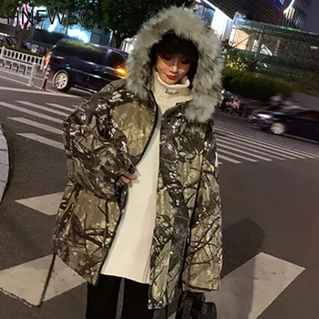 

Camouflage Hooded Fur Collar Cotton Coat Women 2019 Winter New Retro Loose Large Size Tooling Parke Tide Y842