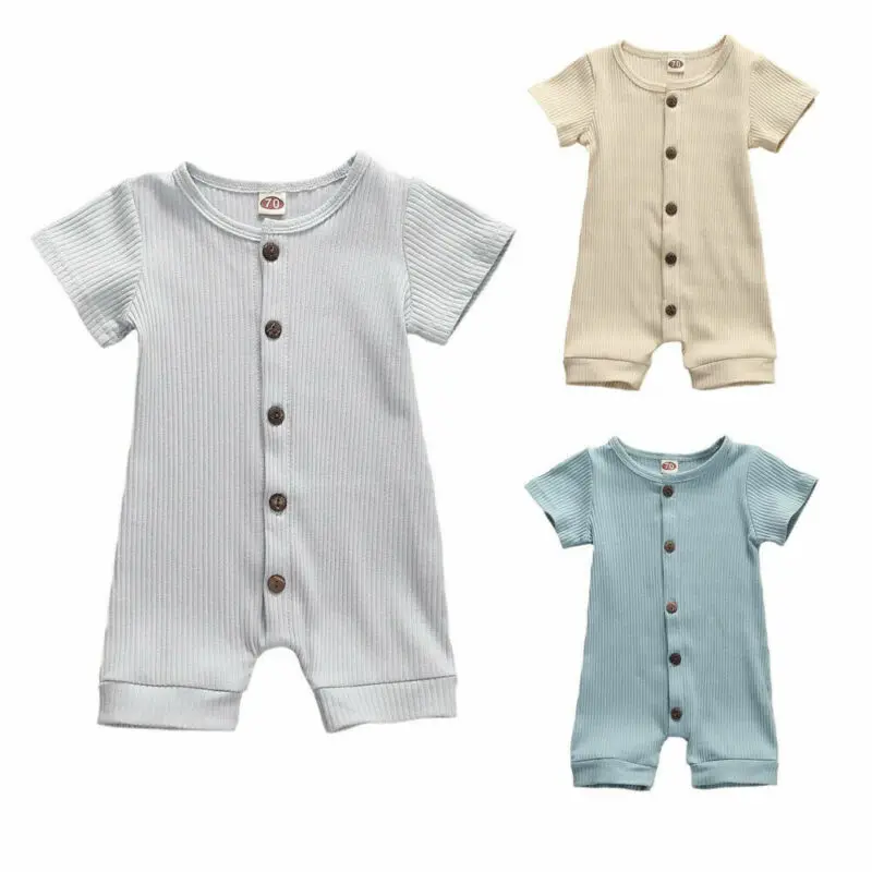 

Pudcoco Solid Color Newborn Baby Girl Boy Clothes Romper Short Sleeve Striped Button Jumpsuit One Piece Casual Outfit 0-18Months