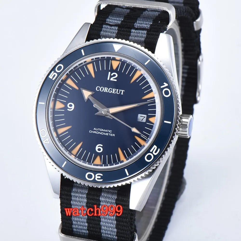 Corgeut 41 мм синий циферблат керамический ободок сапфировое стекло miyota автоматические мужские повседневные часы нейлоновый ремешок водонепроницаемые механические часы