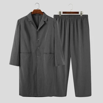 

INCERUN Men Sets Solid Color Fashion Long Sleeve Single Breasted Coats Elastic Waist Pants Streetwear Muslim Mens Suit 2 Pieces