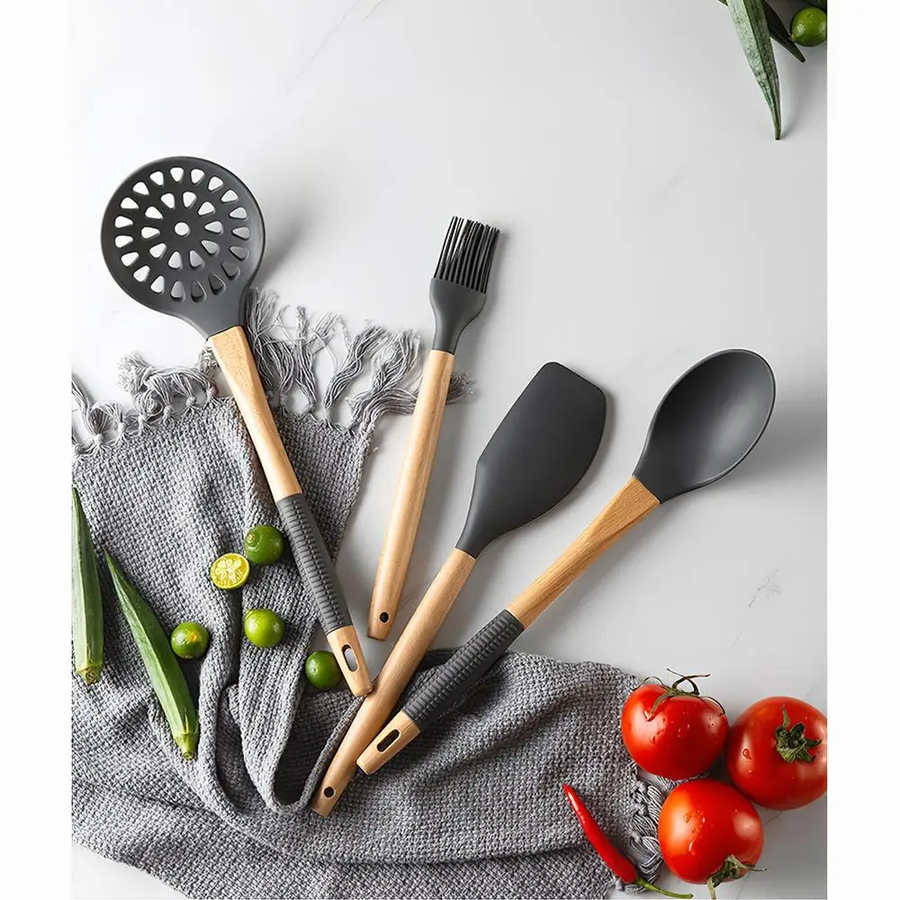 

Hot 11Pcs Kitchen Cooking Utensils Set Silicone Non-stick Cooking Utensils Set with S Shaped Hook Wooden Handle Kitchenware Set