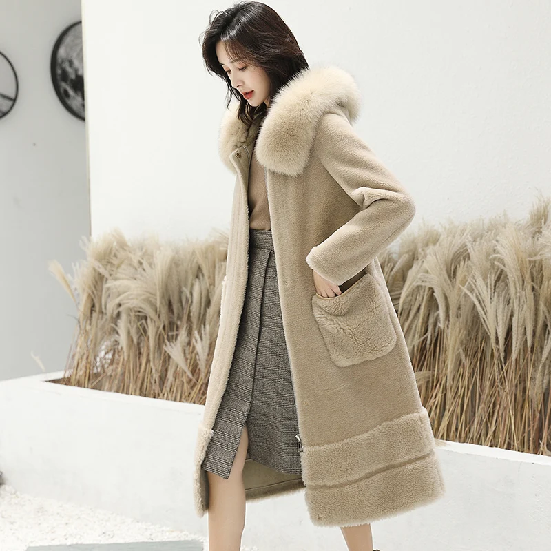 AYUNSUE/зимнее пальто для женщин из овечьей шерсти; пальто из натурального меха; женский воротник из лисьего меха; шерстяное пальто; длинная куртка; Manteau Femme; MY4230 - Цвет: Gong Mi Se