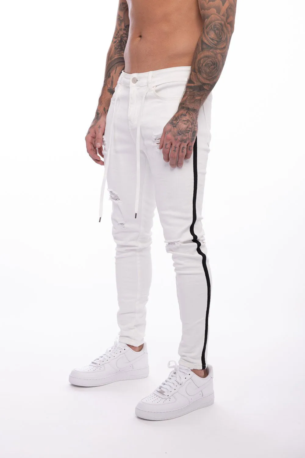 

Men Skinny Jeans Biker Destroyed Frayed Hole Fit Denim Ripped Denim Pants Side Stripe Pencil Pants Hip Hop Streetwear Fashion