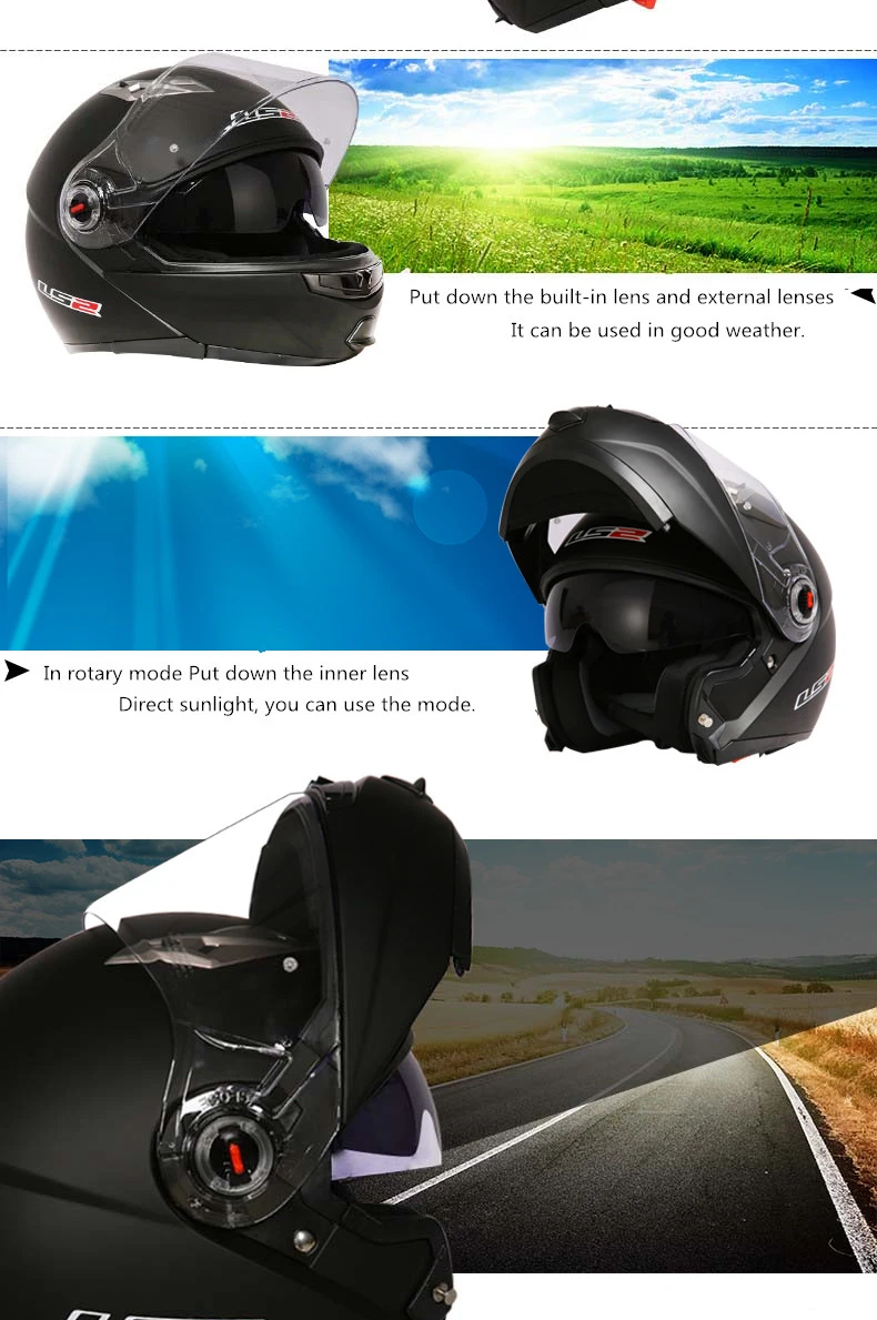 Original LS2 ff370 Flip up motorcycle helmet dual shield with-inner sunny lens LS2 modular dual lens visor capacete casco moto