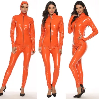 

Jumpsuit Women Artificial Leather Long Sleeve Zipper Overalls Leotard Mujer Sexy Bodysuit Clubwear With Hat Hot Plus Size S-4XL