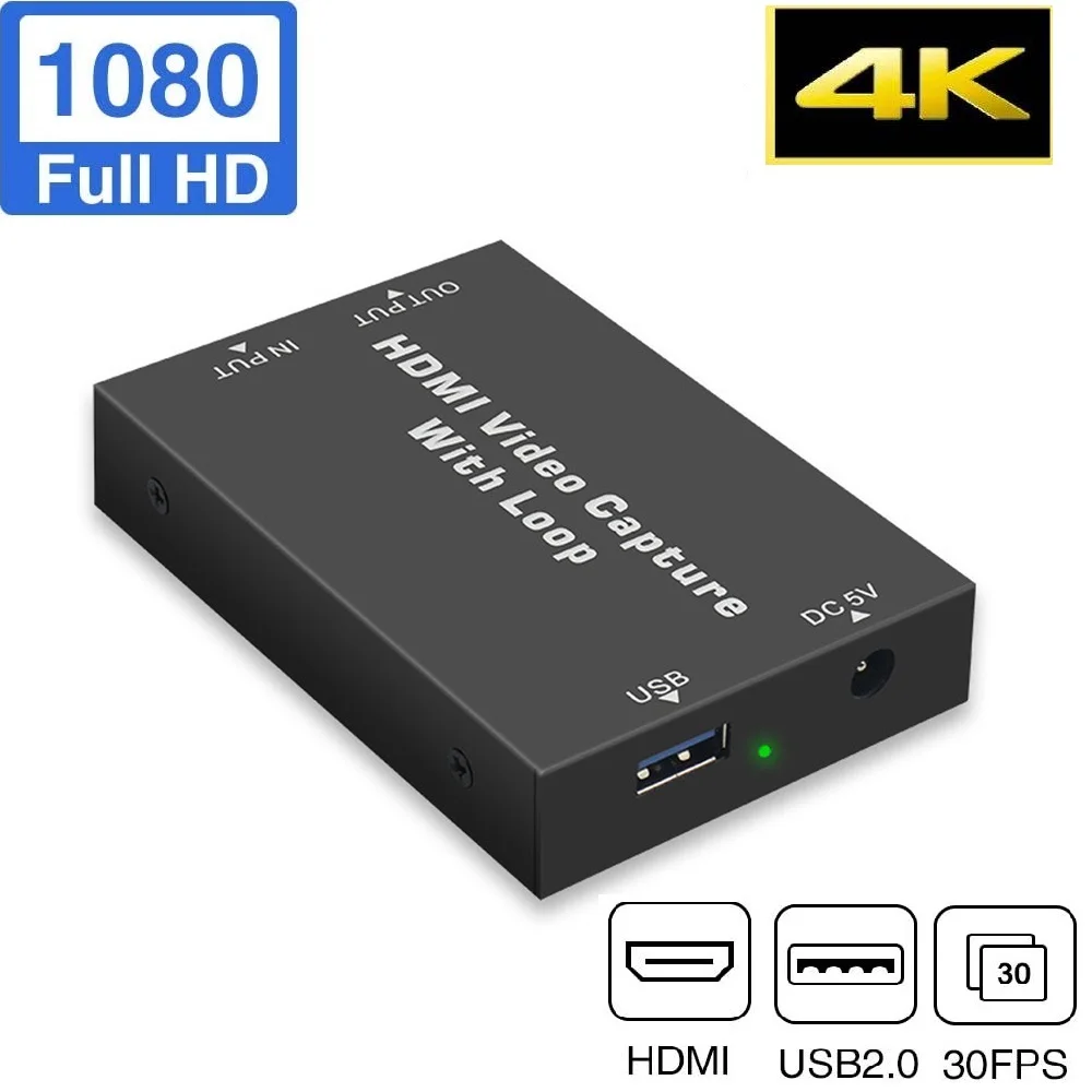 

USB2.0 HDMI Capture Card with loop surport 4K input, OBS, VLC,Live broadcosting, 1080P30fps,UVC for Wins, MAC, Linux, Android os