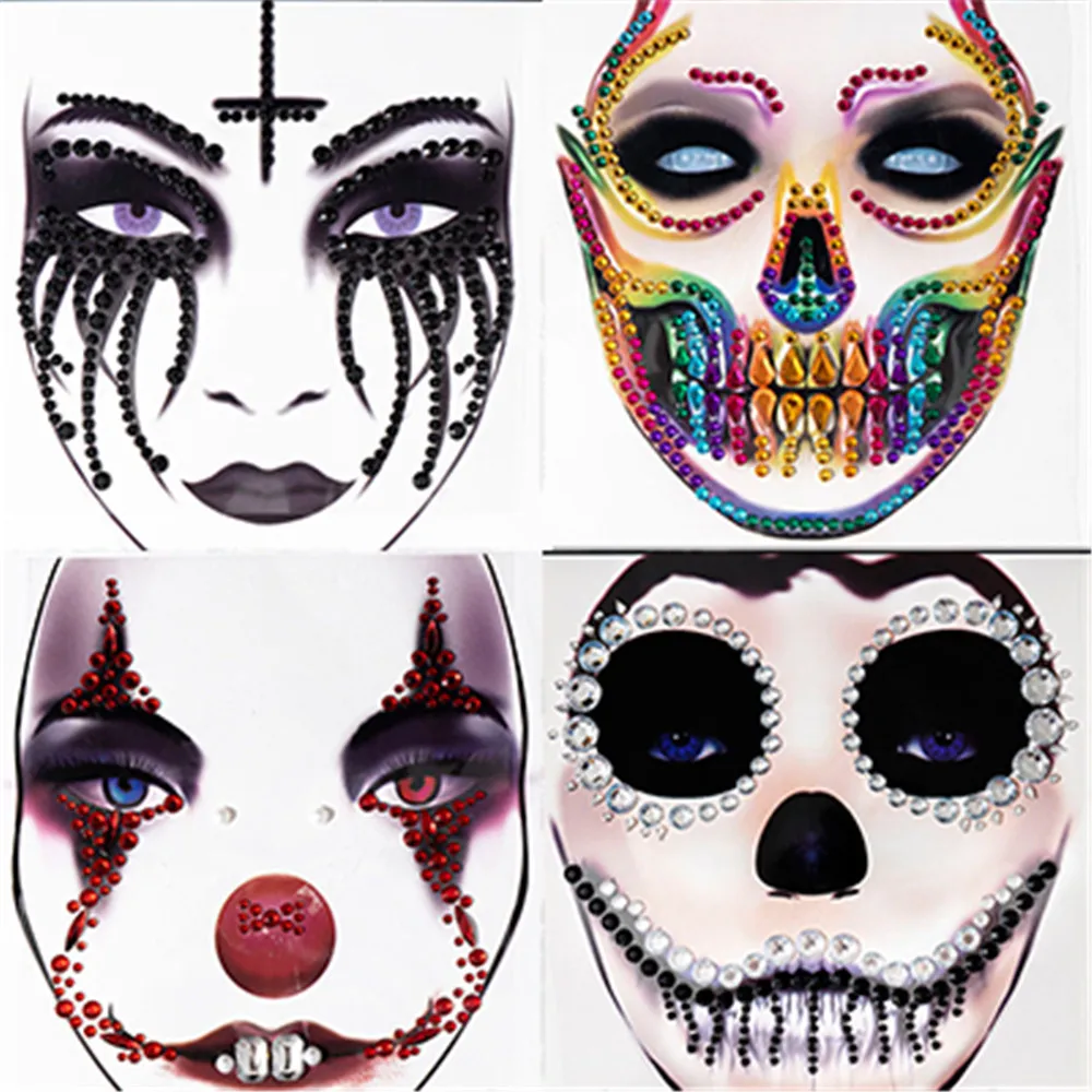 1 Pcs Halloween Body Art Makeup Party Festival Skull Bone Face Jewel Makeup Sticker For Carnival Night Clubbing Holiday Gift