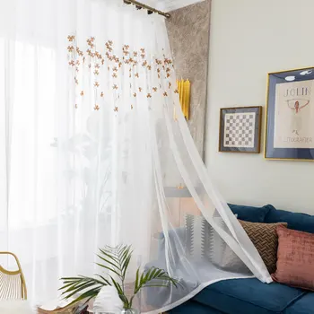 

Floral Embroidered Sheer Curtain for Living Room Pastoral Rural Kitchen Bay Window Treatment Voile Drape M155C