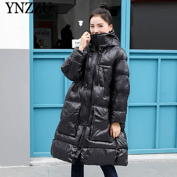 

2019 Winter Oversized Long Down jackets Women Hooded Long sleeve Down coat Loose Big pockets Fashion Zipper Outwear YNZZU 9O044