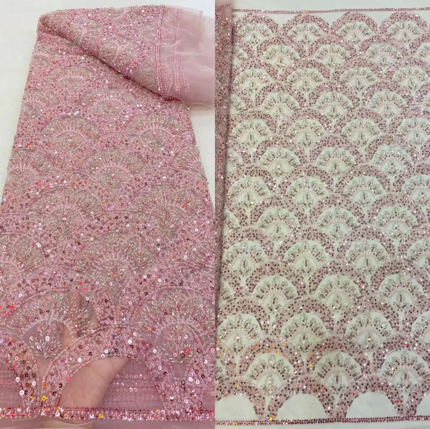 

French Net Lace Fabric J-918861 High Quality Lace Sequins Tulle Lace Fabric With Beads Embroidered Mesh Fabric For Wedding