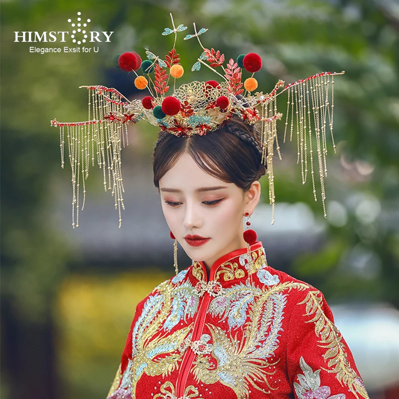

HIMSTORY Traditional Chinese Bridal Hairwear Costume Women Headdress Colorful Pompom Head Jewelry Wedding Accessories