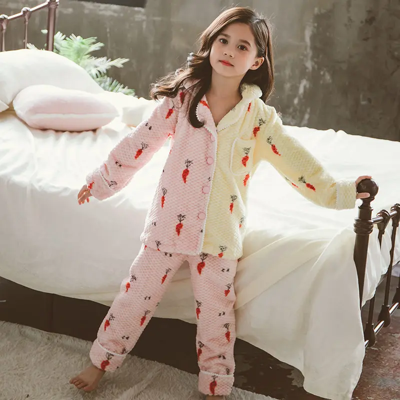 

Kids Warm Flannel Pajamas Set For Girls Winter Children Sleepwear Costume Teenagers Patchwork Sleepwear For Girl New Year Pajama