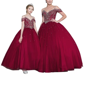 

New Princess Girls V-neck Open Back Ball Gowns Beading Tulle Flower Girls Quinceanera Dresses Elegant Formal Wedding Dresses