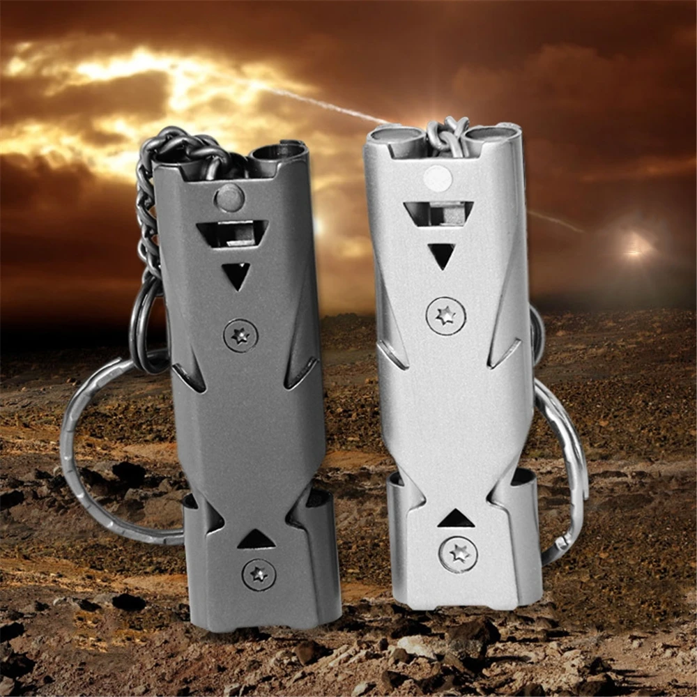 High Decibel Portable Metallic Keychain Whistle Stainless Steel Double Pipe Emergency Survival Multifunction Outdoors Tools