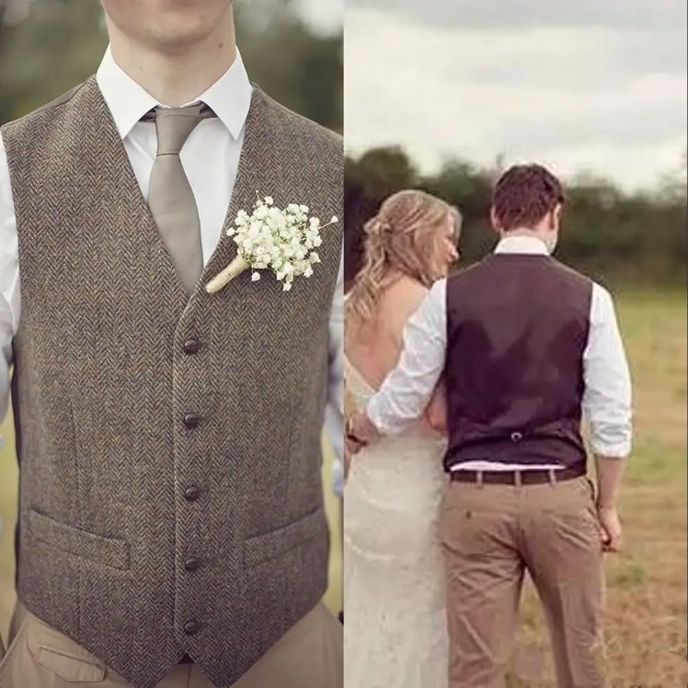 Vintage Brown tweed Vests Herringbone British Style Made Men's Suit Slim Fit Blazer Wedding Suits for Men