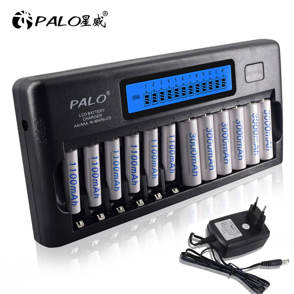 Зарядное устройство PALO с ЖК дисплеем 12 слотов Ni CD MH AA AAA|Перезаряжаемые батареи| |